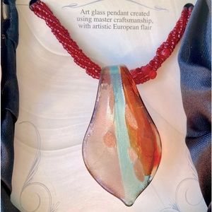 Hand painted Venetian Murano pendant on brown seed beaded rope necklace.